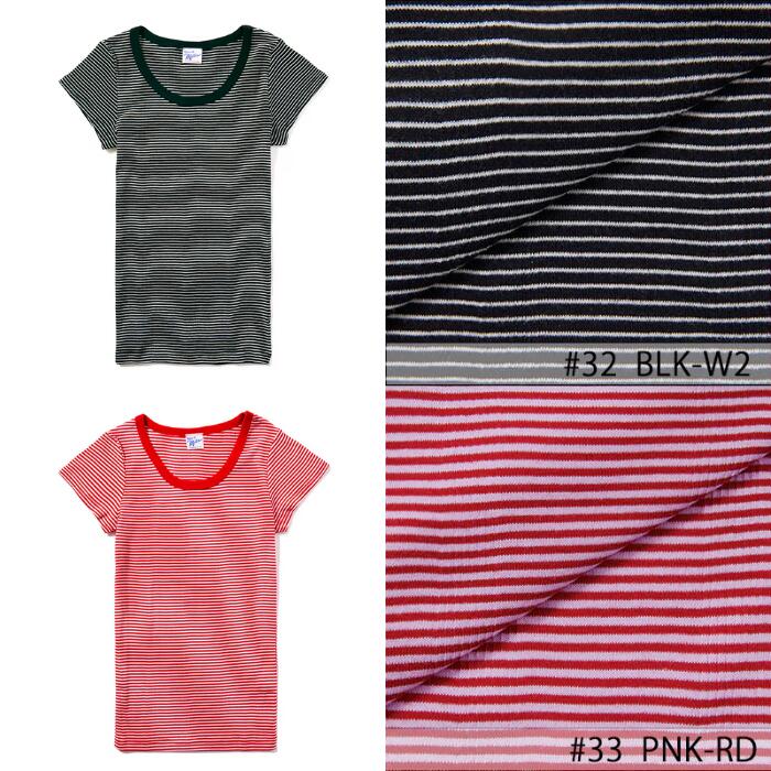 半袖レディース綿100ミラーストレッチインナーRobertP.MillerパネルリブTシャツ黒白ボーダーかわいい807C