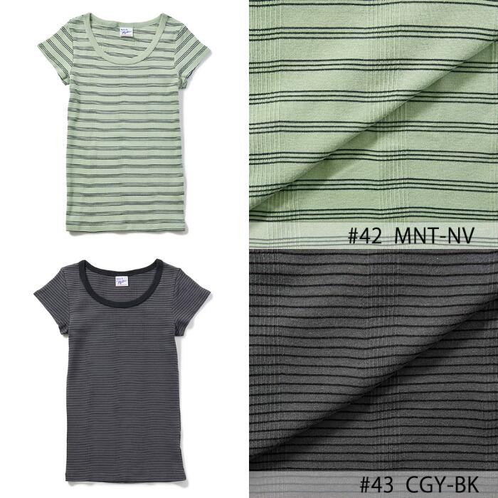 半袖レディース綿100ミラーストレッチインナーRobertP.MillerパネルリブTシャツ黒白ボーダーかわいい807C