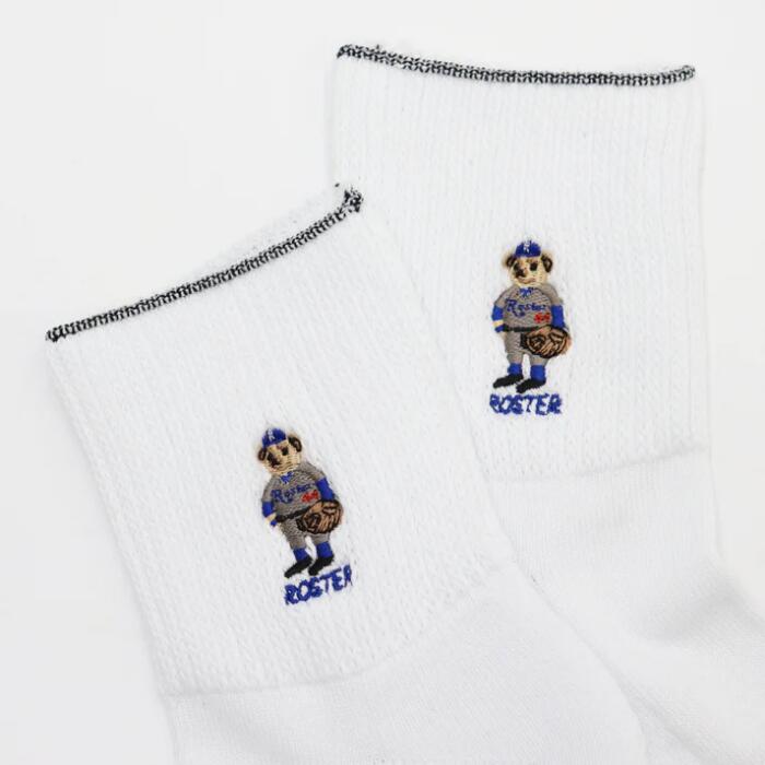 ROSTERSOX靴下メンズレディース日本製かわいい吸汗抗菌防臭パイルシンカー編み機アーチサポートクッションロースターソックスキャラクタークマベアー野球白黒ホワイトブラックプレゼントRS-487