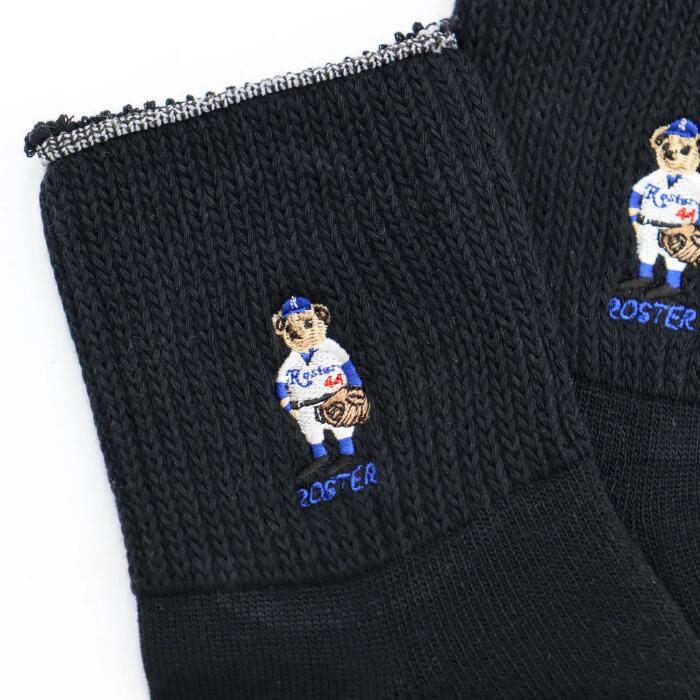 ROSTERSOX靴下メンズレディース日本製かわいい吸汗抗菌防臭パイルシンカー編み機アーチサポートクッションロースターソックスキャラクタークマベアー野球白黒ホワイトブラックプレゼントRS-487