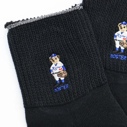 ROSTERSOX靴下メンズレディース日本製かわいい吸汗抗菌防臭パイルシンカー編み機アーチサポートクッションロースターソックスキャラクタークマベアー野球白黒ホワイトブラックプレゼントRS-487