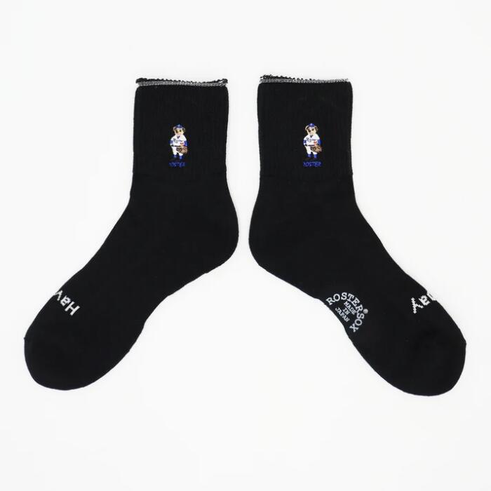 ROSTERSOX靴下メンズレディース日本製かわいい吸汗抗菌防臭パイルシンカー編み機アーチサポートクッションロースターソックスキャラクタークマベアー野球白黒ホワイトブラックプレゼントRS-487