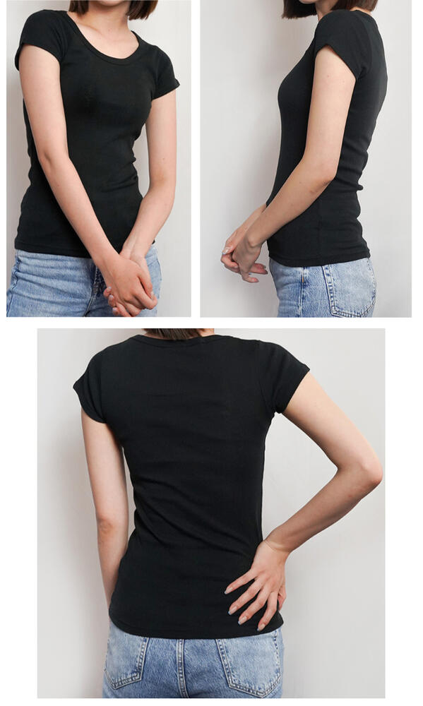 半袖レディース綿100ミラーストレッチインナーRobertP.MillerパネルリブTシャツ黒白ボーダーかわいい807C