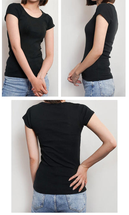 半袖レディース綿100ミラーストレッチインナーRobertP.MillerパネルリブTシャツ黒白ボーダーかわいい807C