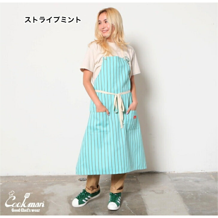 【数量限定おまけ付】クックマンエプロンCookmanロングエプロンストライプワイドストライプLongApronおしゃれメンズレディースブラックネイビーオレンジピンクブルー