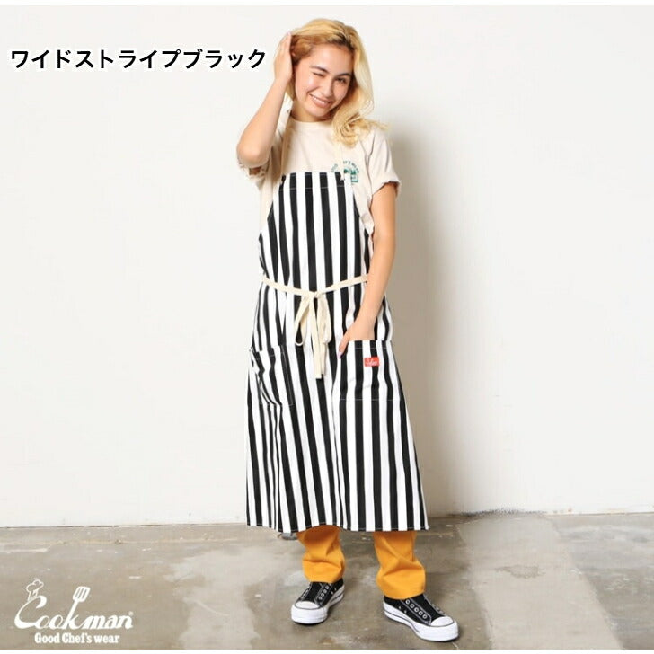 【数量限定おまけ付】クックマンエプロンCookmanロングエプロンストライプワイドストライプLongApronおしゃれメンズレディースブラックネイビーオレンジピンクブルー
