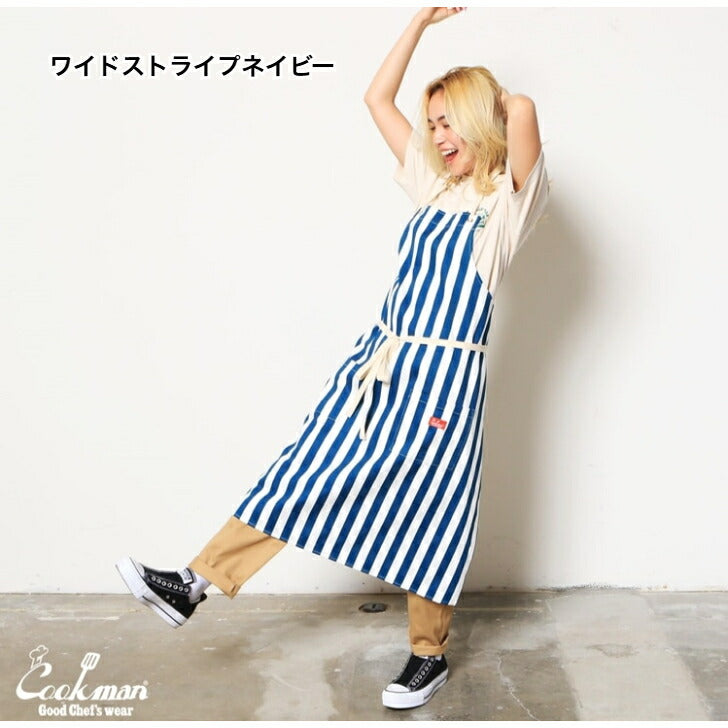 【数量限定おまけ付】クックマンエプロンCookmanロングエプロンストライプワイドストライプLongApronおしゃれメンズレディースブラックネイビーオレンジピンクブルー