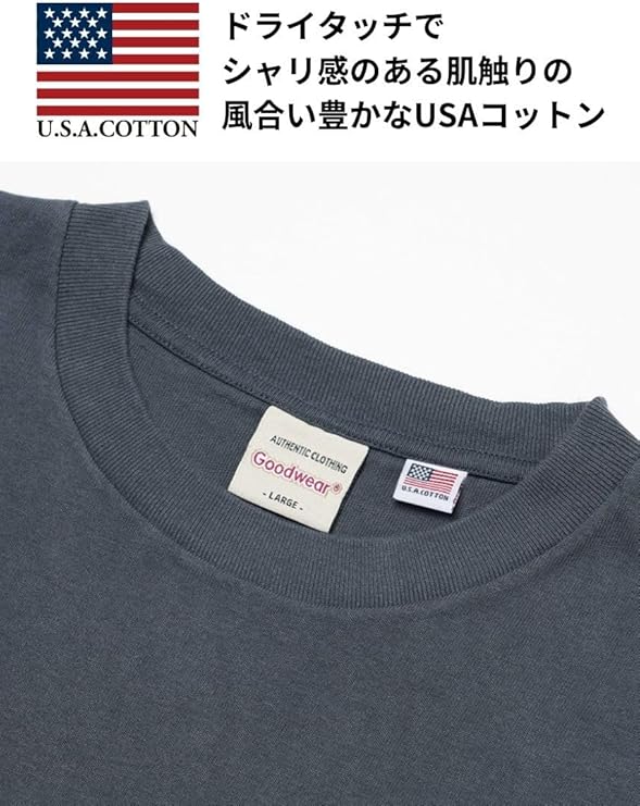 GoodwearグッドウェアビッグポケットTシャツクルーネックメンズレディース無地半袖大きめTシャツUSAコットン7.6オンスヘビーウェイト