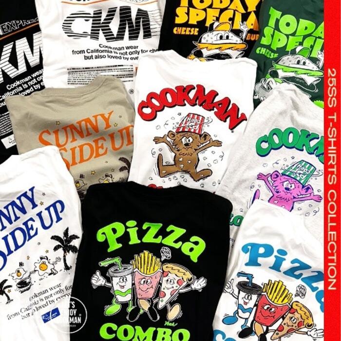 COOKMANクックマンTシャツメンズレディース半袖プリント英語2025新作ピザハンバーガーポップコーン目玉焼き新幹線