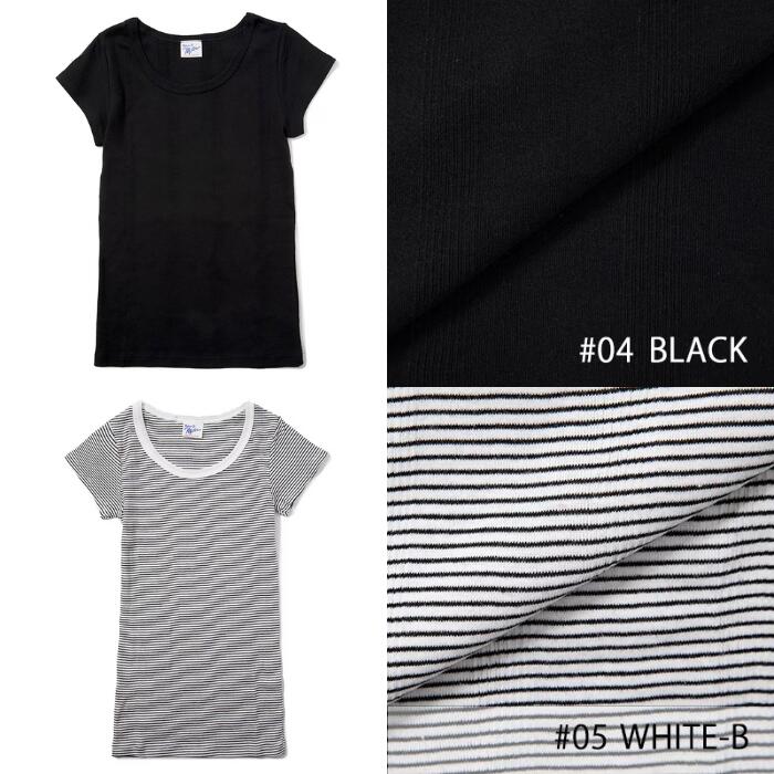 半袖レディース綿100ミラーストレッチインナーRobertP.MillerパネルリブTシャツ黒白ボーダーかわいい807C