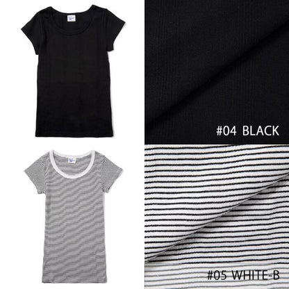 半袖レディース綿100ミラーストレッチインナーRobertP.MillerパネルリブTシャツ黒白ボーダーかわいい807C