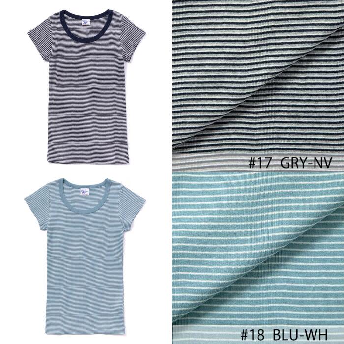 半袖レディース綿100ミラーストレッチインナーRobertP.MillerパネルリブTシャツ黒白ボーダーかわいい807C