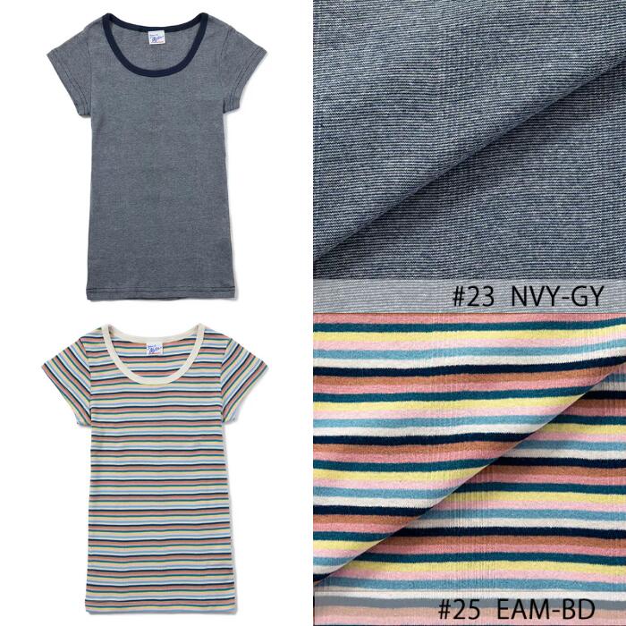 半袖レディース綿100ミラーストレッチインナーRobertP.MillerパネルリブTシャツ黒白ボーダーかわいい807C