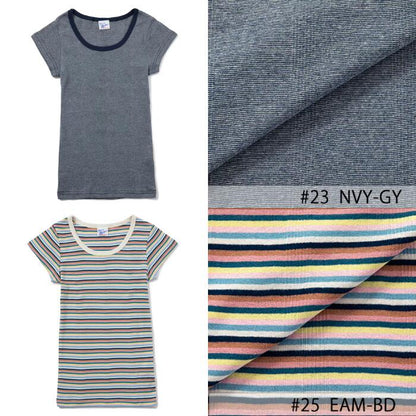 半袖レディース綿100ミラーストレッチインナーRobertP.MillerパネルリブTシャツ黒白ボーダーかわいい807C