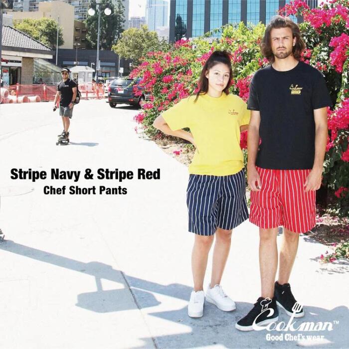 COOKMANクックマンシェフパンツハーフパンツショートパンツストライプボーダーメンズレディースシェフパンChefPantsStripeワイドストライプブラックネイビーレッドブルーホワイトワイドストライプ