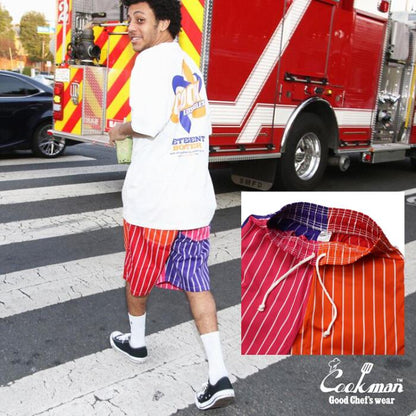 COOKMANクックマンシェフパンツハーフパンツショートパンツストライプボーダーメンズレディースシェフパンChefPantsStripeワイドストライプブラックネイビーレッドブルーホワイトワイドストライプ