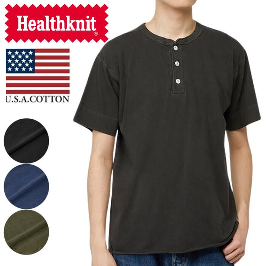 【1000円OFF】ヘルスニットHealthknitTシャツ半袖綿100ヘンリーネックメンズレディースユニセックスピグメント染め丸胴フラットシーマUSコットンUSAコットンおしゃれかわいい10060