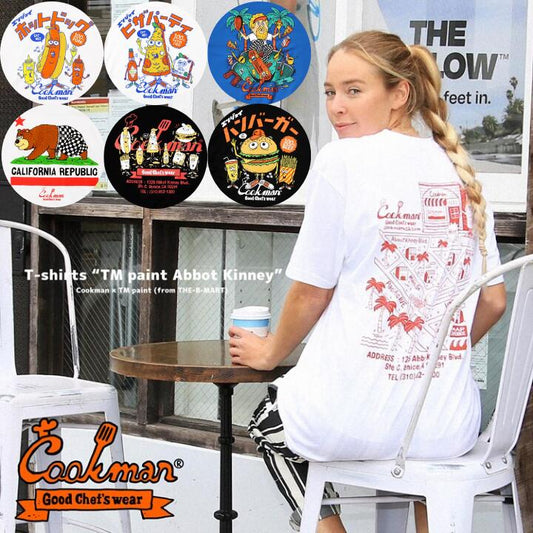 COOKMANクックマンTシャツ半袖メンズレディース黒白ブラックホワイトTMPaintプリントイラストかわいい夏ハンバーガーホットドッグピザパーティーアボットキニー