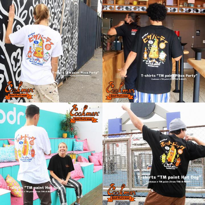 COOKMANクックマンTシャツ半袖メンズレディース黒白ブラックホワイトTMPaintプリントイラストかわいい夏ハンバーガーホットドッグピザパーティーアボットキニー