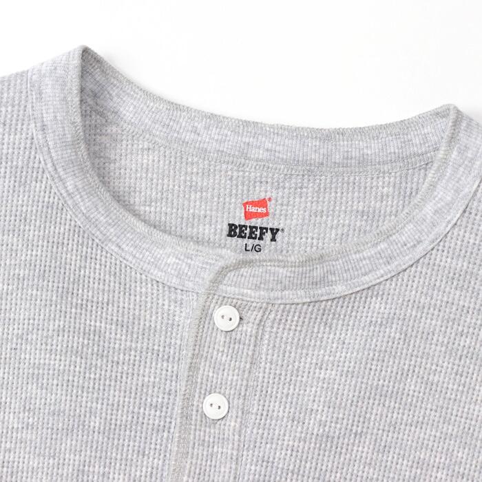 メンズサーマルワッフルストレッチ伸縮ブランドビーフィーBEEFYヘインズHanesインナー長袖ロンTクルーネックヘンリーネックシンプル綿コットン丈夫白黒紺ホワイトブラックグレーネイビーHM4-S104HM4-Q103