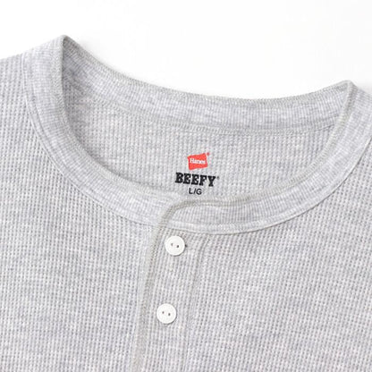 メンズサーマルワッフルストレッチ伸縮ブランドビーフィーBEEFYヘインズHanesインナー長袖ロンTクルーネックヘンリーネックシンプル綿コットン丈夫白黒紺ホワイトブラックグレーネイビーHM4-S104HM4-Q103