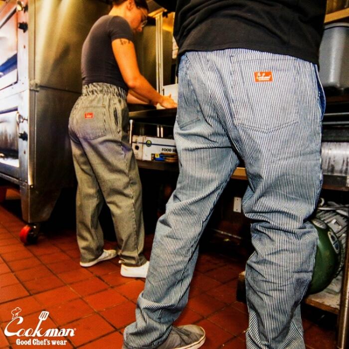 COOKMANクックマンシェフパンツデニムパンツメンズレディースシェフパンセットアップネイビーブラックBBQコーデュラストレッチ伸縮難燃キャンプWabashスノーウォッシュカジュアルリラックスウエストゴムゆったりChefPantsDenim