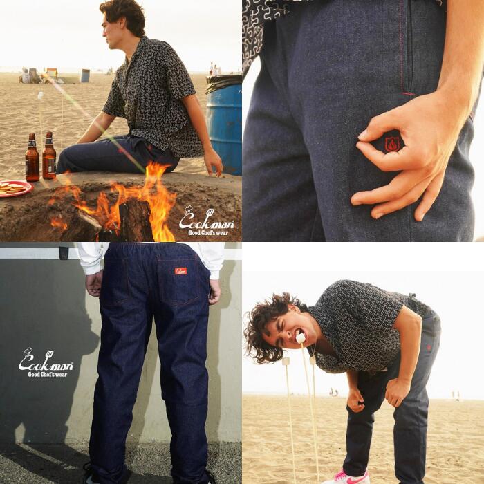 COOKMANクックマンシェフパンツデニムパンツメンズレディースシェフパンセットアップネイビーブラックBBQコーデュラストレッチ伸縮難燃キャンプWabashスノーウォッシュカジュアルリラックスウエストゴムゆったりChefPantsDenim