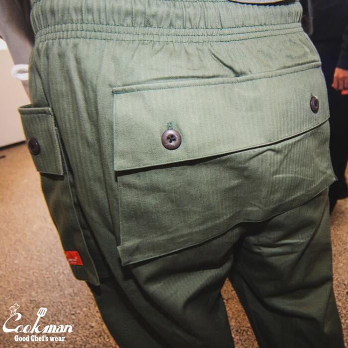 COOKMANクックマンシェフパンツモンキーパンツミリタリーM44ヘリンボーンロングパンツメンズレディースユニセックスシェフパン大容量ポケット収納力手ぶらカーゴパンツブラックオリーブウエストゴムリラックスカジュアル