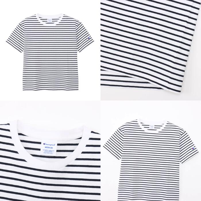チャンピオンレディースカットソーボーダーショートスリーブポケットTシャツ26SSウィメンズトップスネイビーホワイトレッドベージュストライプアメリカ綿100％コットン天竺クルーネックchampionCW-D328