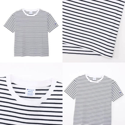 チャンピオンレディースカットソーボーダーショートスリーブポケットTシャツ26SSウィメンズトップスネイビーホワイトレッドベージュストライプアメリカ綿100％コットン天竺クルーネックchampionCW-D328