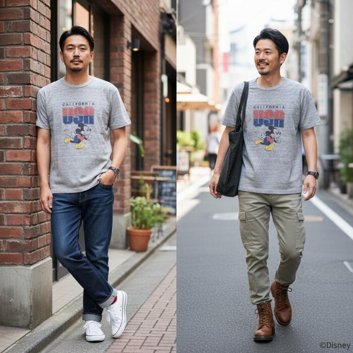 BARNSOUTFITTERSバーンズ日本製半袖吊り編みクルーネックプリントTシャツディズニーミッキーマウスコラボメンズレディースユニセックス綿100％天竺ホワイトグレービンテージBR-25178
