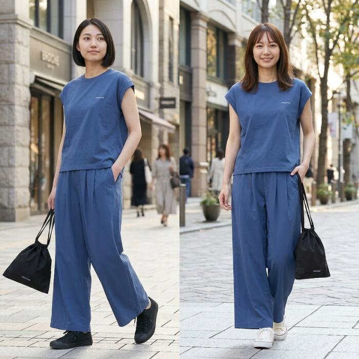サウザンドマイルTHOUSANDMILEセットアップ3点セットフレンチスリーブシャツ＆ロングパンツセット巾着バッグ付きレディースカットソー速乾通気性ポリエステルストレッチイージーケアTM261HA00362