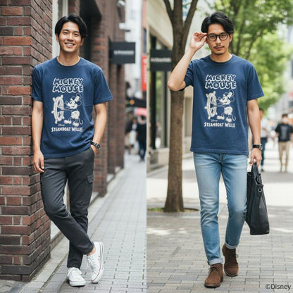 BARNSOUTFITTERSバーンズ日本製半袖クルーネック50sスクエアショートスリーブプリントTシャツディズニーミッキーマウスコラボメンズレディースユニセックス綿100％ピグメント蒸気船ウィリーBR-26284
