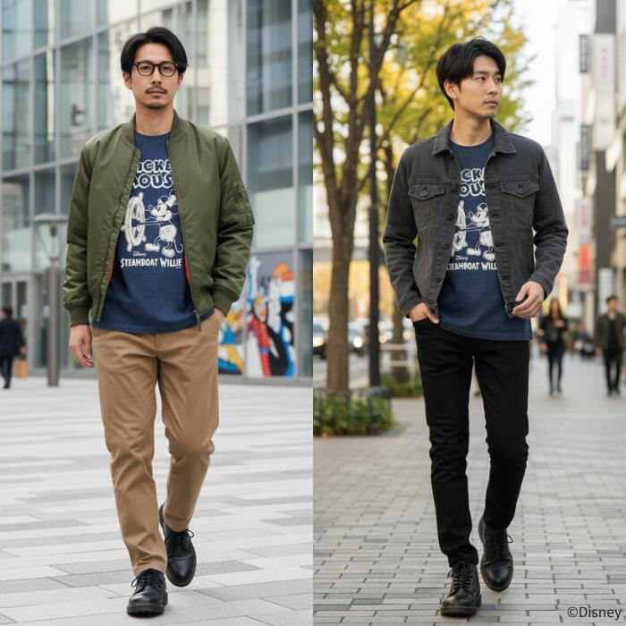 BARNSOUTFITTERSバーンズ日本製半袖クルーネック50sスクエアショートスリーブプリントTシャツディズニーミッキーマウスコラボメンズレディースユニセックス綿100％ピグメント蒸気船ウィリーBR-26284