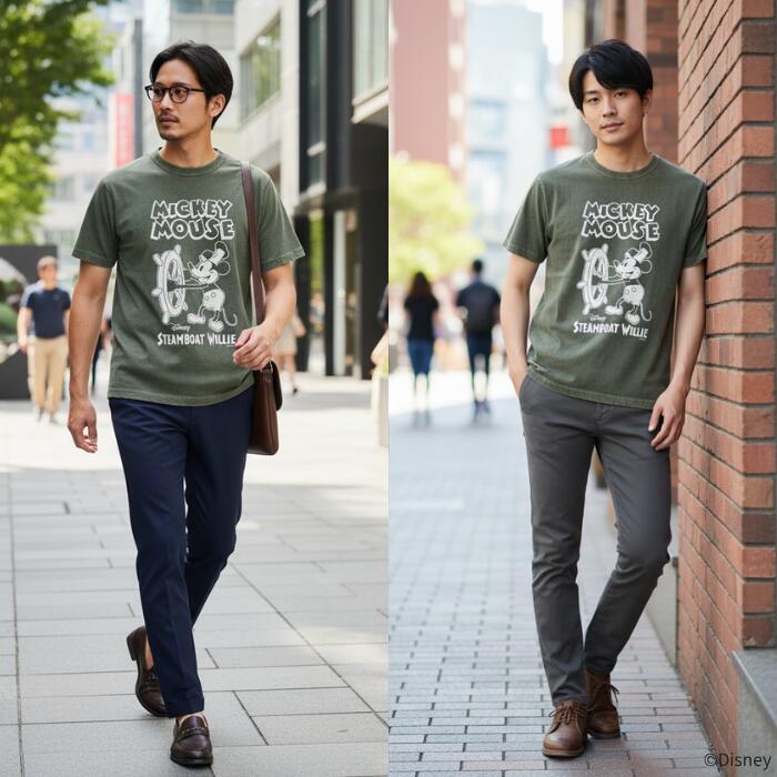 BARNSOUTFITTERSバーンズ日本製半袖クルーネック50sスクエアショートスリーブプリントTシャツディズニーミッキーマウスコラボメンズレディースユニセックス綿100％ピグメント蒸気船ウィリーBR-26284