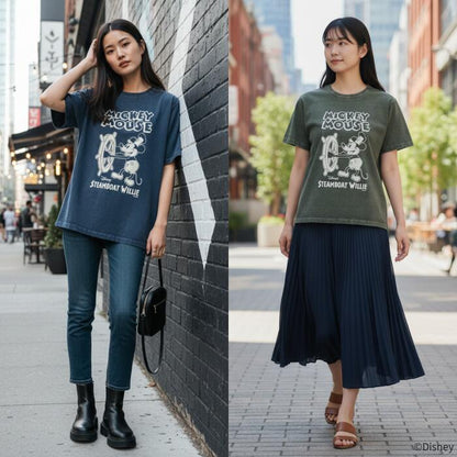 BARNSOUTFITTERSバーンズ日本製半袖クルーネック50sスクエアショートスリーブプリントTシャツディズニーミッキーマウスコラボメンズレディースユニセックス綿100％ピグメント蒸気船ウィリーBR-26284
